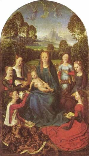 Hans Memling - Virgin and Child in a garden, surrounded by saints