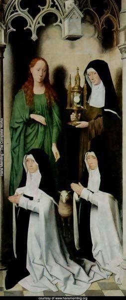 Triptych of the Mystical Marriage of St. Catherine of Alexandria, right wing, Agnes and Clara van Casembrood with Nuns