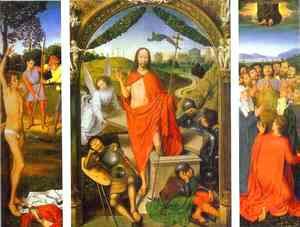 Hans Memling - Triptych of the Resurrection The Resurrection (centre) The Martyrdom of St. Sebastian (left) and The Ascension (right)