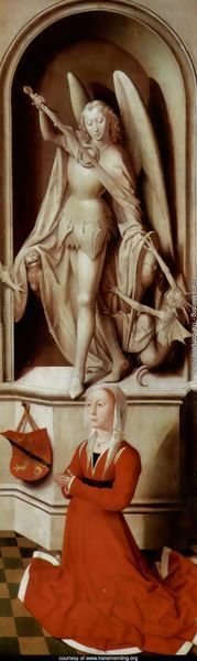 The Last Judgement, Triptych, right wing, inside praying founder Caterina Tanagli and Archangel Michael