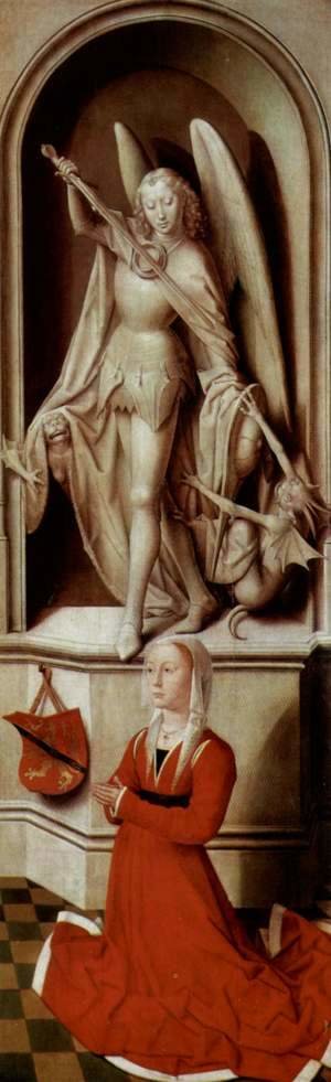 Hans Memling - The Last Judgement, Triptych, right wing, inside praying founder Caterina Tanagli and Archangel Michael