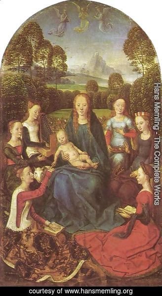 Hans Memling - Virgin and Child in a garden, surrounded by saints