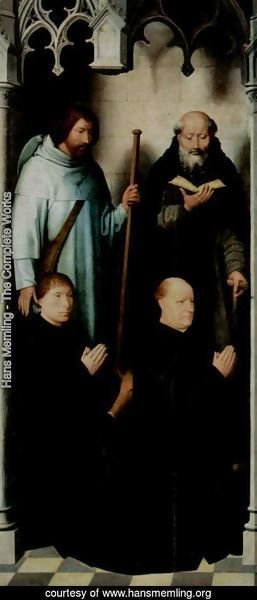 Hans Memling - Triptych of the Mystical Marriage of St. Catherine of Alexandria, left upper, the founder Jacob de Kueninc and Anthony Seghers
