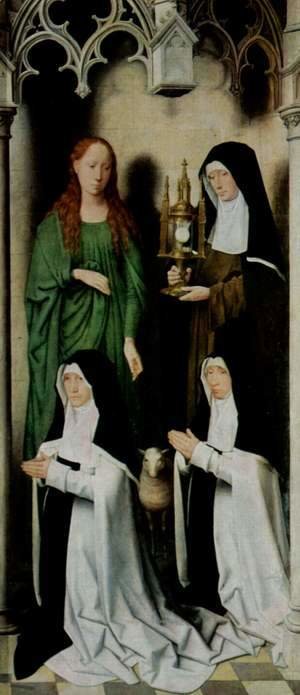Triptych of the Mystical Marriage of St. Catherine of Alexandria, right wing, Agnes and Clara van Casembrood with Nuns