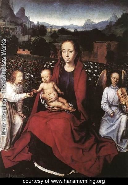 Hans Memling - Virgin and Child in a Rose-Garden with Two Angels 1480s